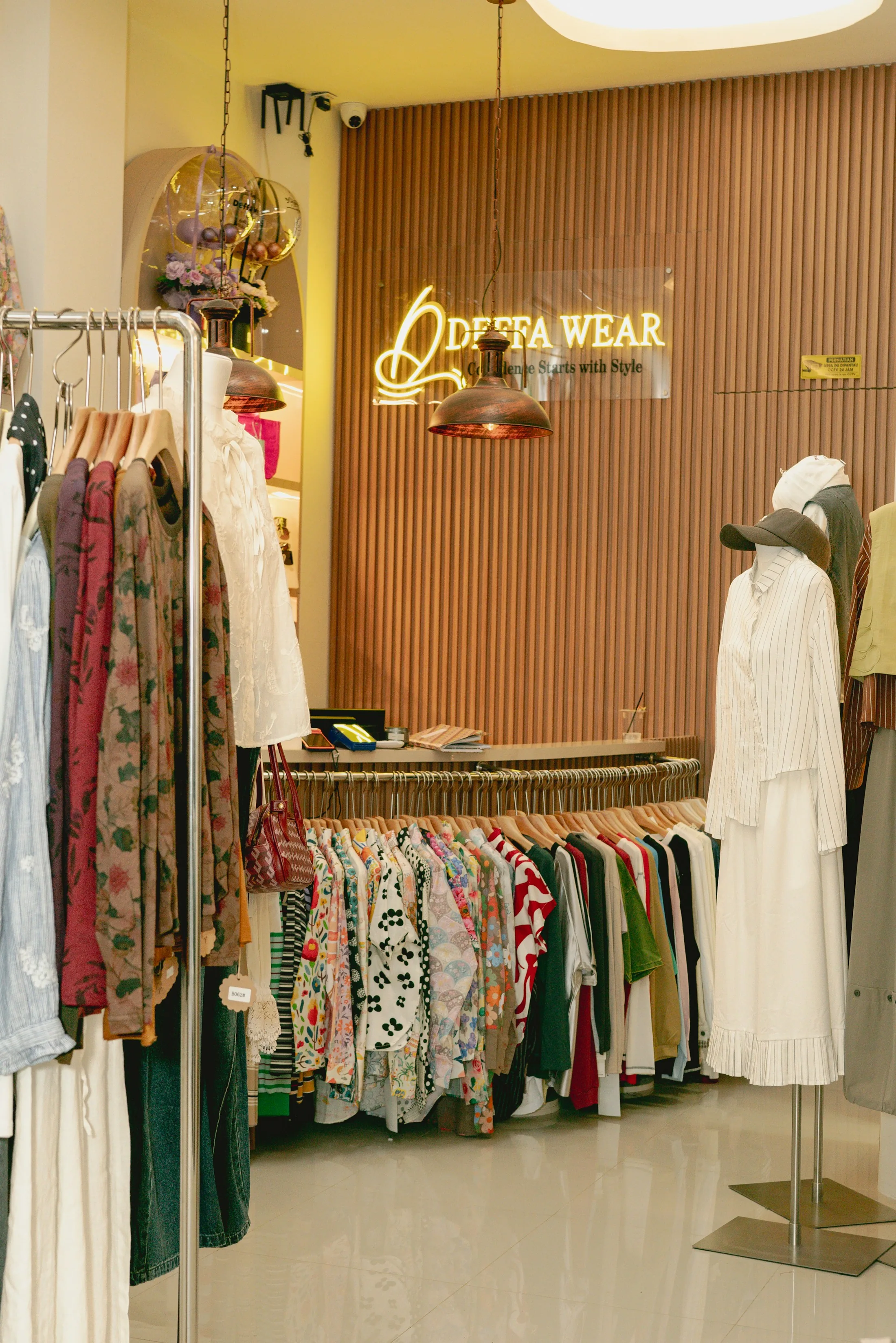 Warm boutique interior with organized clothing racks