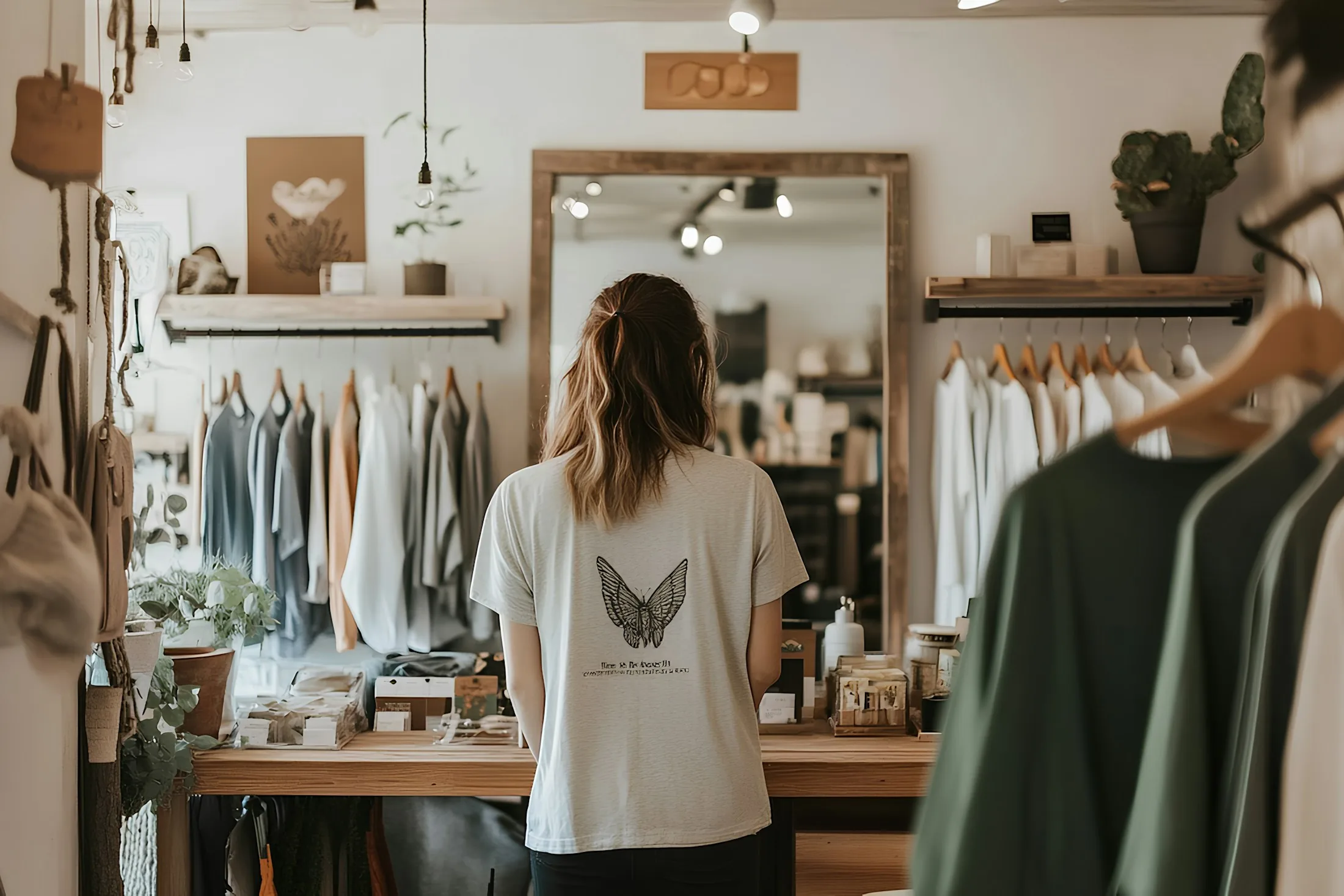 Woman reviewing garments in a stylish boutique